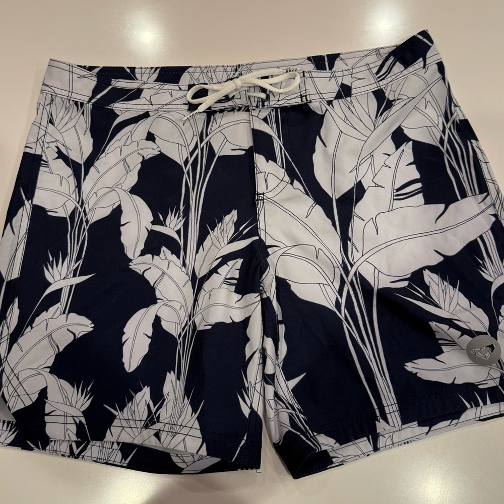 Roxy Women’s Navy and White Leaf Pattern Swim Shorts